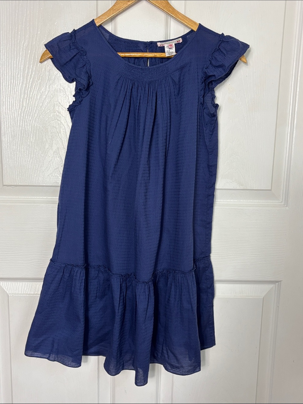 BONPOINT Girls Navy Ruffle Sleeve Tiered 100% Cotton Dress size 12 lightweight